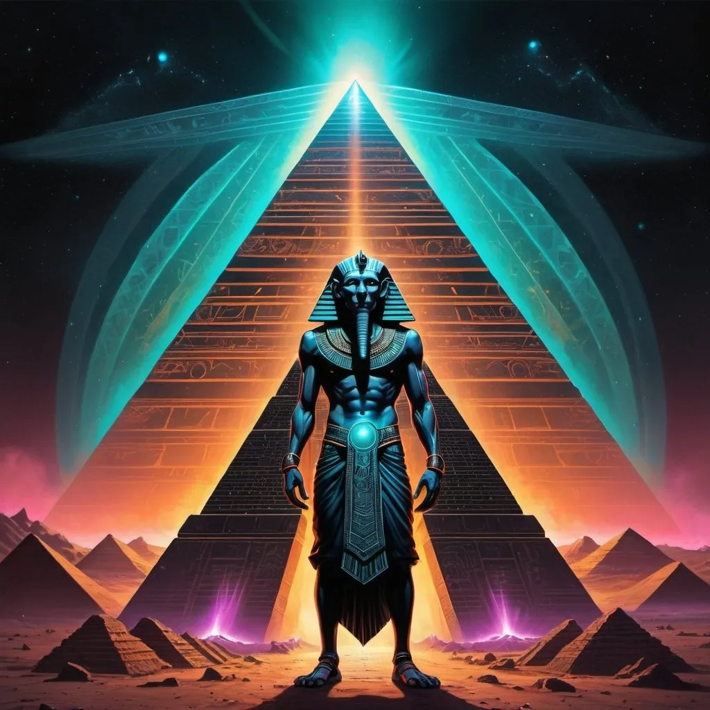 Prompt: Thoth the atleantean standing in front of a giant black pyramid spaceship with magnestism glow, psychedelic 