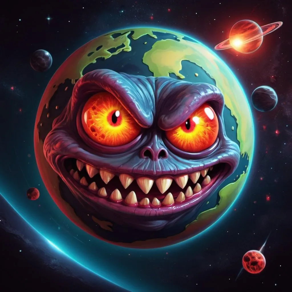 Prompt: Demonic cartoon planet in space