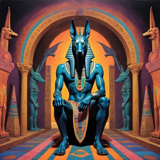 Prompt: Anubis in the underworld, halls of amenti, psychedelic 