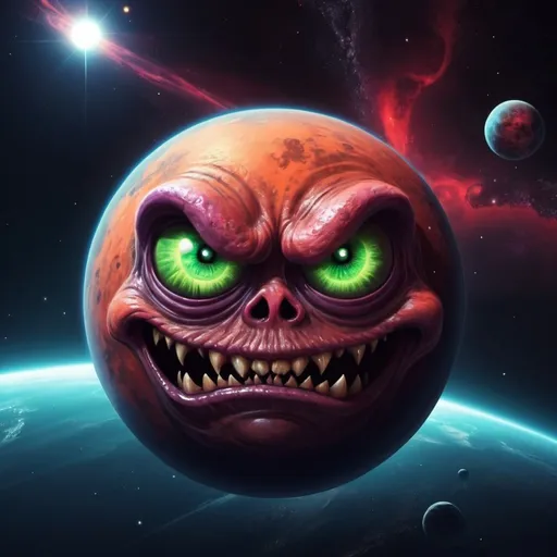 Prompt: Demonic cartoon planet in space