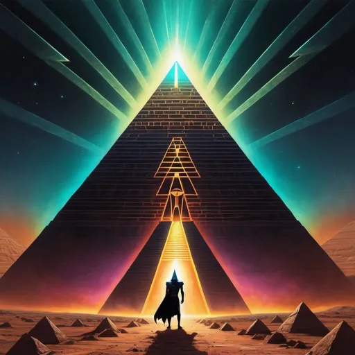 Prompt: Thoth the atleantean standing in front of a giant black pyramid spaceship with magnestism glow, psychedelic 