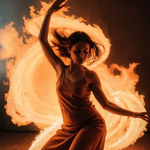 Prompt: A woman dancing  in fire