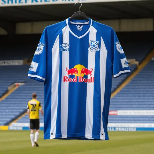 Prompt: The Sheffield Wednesday football club shirt after the football club has been taken over by Red Bull energy drink company