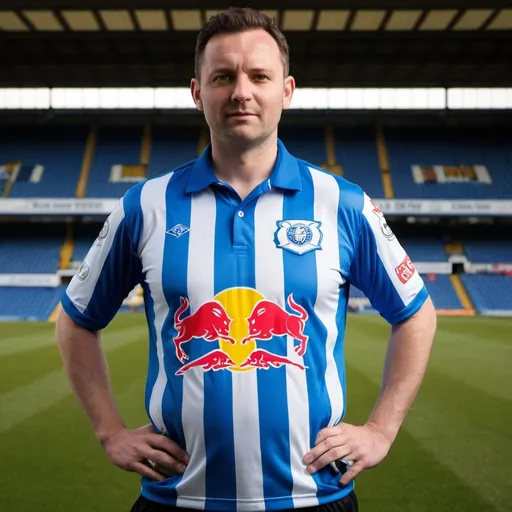 Prompt: The current Sheffield Wednesday football club shirt after the football club has been taken over by Red Bull energy drink company