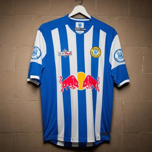 Prompt: The current Sheffield Wednesday football club shirt after the football club has been taken over by Red Bull energy drink company