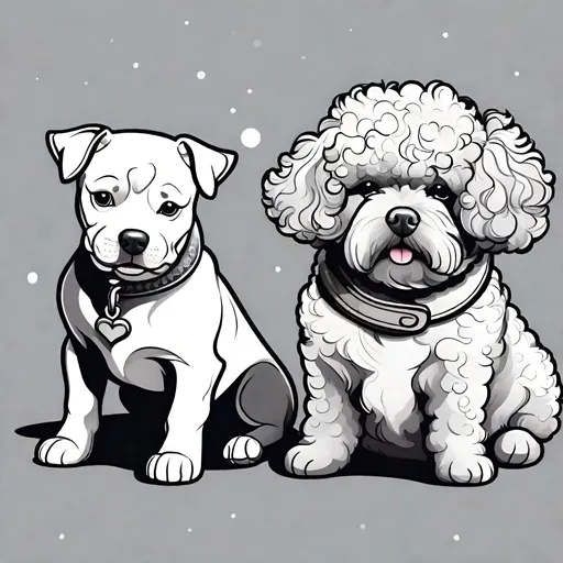 Prompt: two dogs, Chubby smiling Pitbull with a poodle dog companion, poodle has afro hair, white and black pitbull, white and grey poodle, scowling, high definition, 4k, tattoo, spotted eye, high-quality, vibrant, cartoon illustration, grey tones, joyful expression, detailed fur, chubby features, cute, tattoo, happy vibe, Sagittarius, horoscope, archer, planets background, playful, intricate patterns, tattoo style