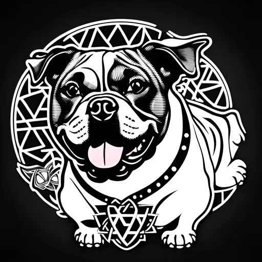 Prompt: Chubby smiling Pitbull with a triquetra tattoo, spotted eye, high-quality, vibrant, cartoon illustration, black and grey tones, joyful expression, detailed fur, chubby features, cute, black and white tattoo, happy vibe, triquetra symbol background, playful, intricate patterns, tattoo style