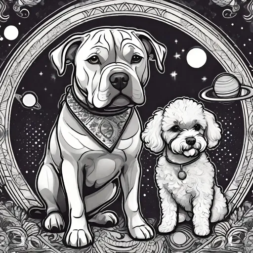 Prompt: Chubby smiling Pitbull with a poodle dog companion, small poodle with afro hair, scowling, high definition, 4k, tattoo, spotted eye, high-quality, vibrant, cartoon illustration, grey tones, joyful expression, detailed fur, chubby features, cute, tattoo, happy vibe, sagittarius symbol background, planets background, playful, intricate patterns, tattoo style