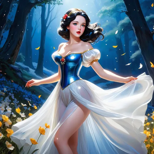 Prompt: Bright colors, snow white , beautiful women, game characters, kind personalities, elegance, dynamic pose, dance, women wearing snow white  wispy translucent long ethereal spiritual dress, (big milkers), (visible butts), (oily skin), look stomach, softly body, sparkling accessories, heroines, and vast expanses of land rich in nature, flowers, night. Background, (((Comic Book))), (((manga style))), insanely detailed, (((masterpiece))), best quality, 8k, ultra high res, High contrast and low saturation,  big blue eyes, big thick glossy plump lips, perfect anatomy, (((Anatomy-based character design))




