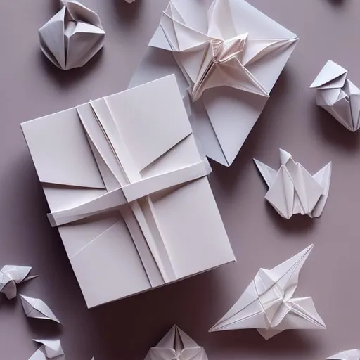 Prompt: Origami packaging ideas, paper folding art, creative designs, high quality, detailed origami patterns, intricate folds, minimalist aesthetic, pastel color palette, soft lighting