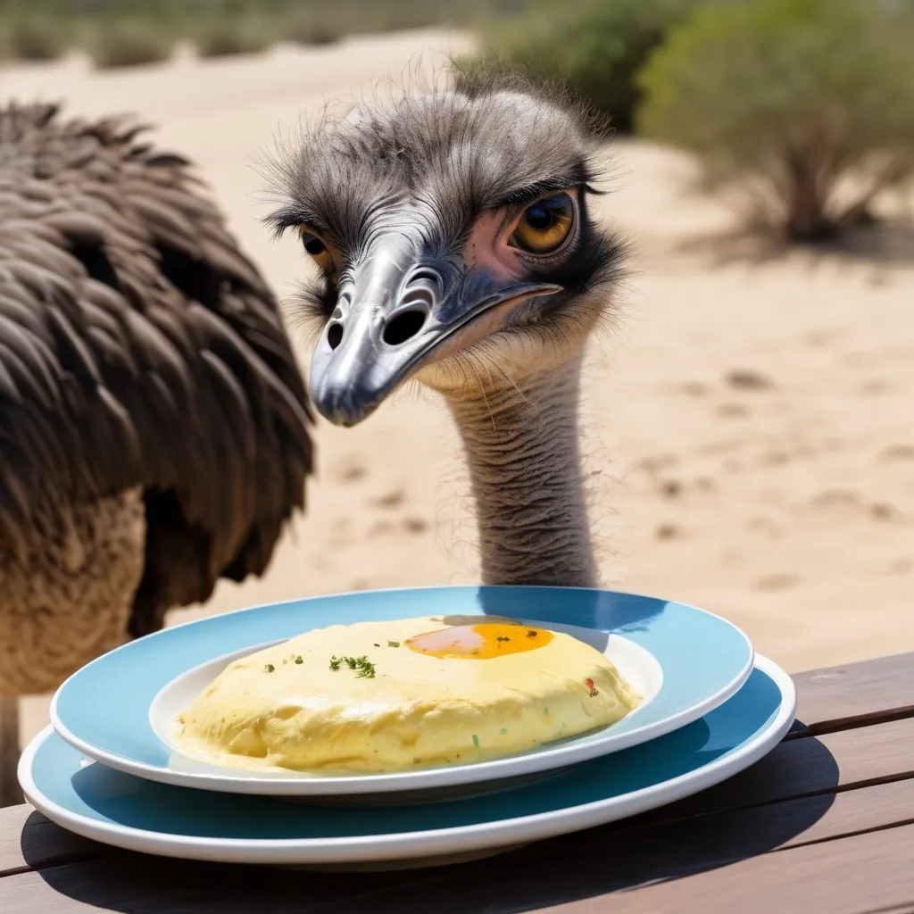 Prompt: A resort where there is an ostrich with its head in the sand and a plate of omelette 

