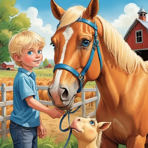 Prompt: Children's book illustration of a cartoon blonde-haired boy with big blue eyes meeting a friendly horse on a vibrant farm, full color, detailed eyes, whimsical, high quality, vibrant colors, detailed fur, farm setting, heartwarming, joyful, innocent, charming, traditional art style