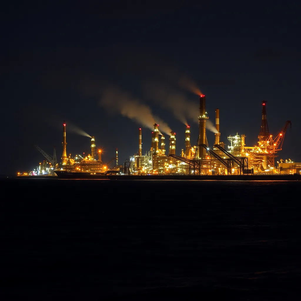 Prompt: bitumen and refinery at the sea at night