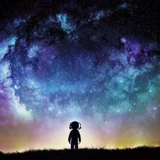 Prompt: starry sky with child astronaut in background