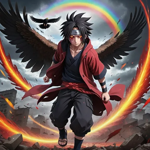 Prompt: A 15 to 20 years boy with extra ordinary 2 mangekyou sharingan in eyes,summoning the rainbow eagle to fight Madara