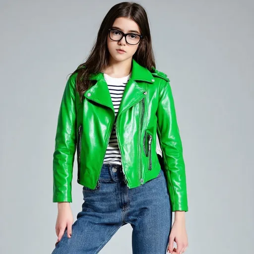 Prompt: full body 14 years old teenage girl wearing green leather jacket black glasses blue jeans isolated on grey background
