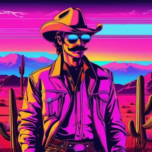 Prompt: (synth wave) retro 80s cowboy, mustache, aviator sunglasses, (vibrant neon colors), dramatic light effects, atmospheric haze, nostalgic vibes, futuristic desert landscape, electric blues and pinks, retro cassette tapes in background, expressive pose, (ultra-detailed) 4K quality, cinematic and dynamic ambiance, capturing the essence of an era blending the old and new.