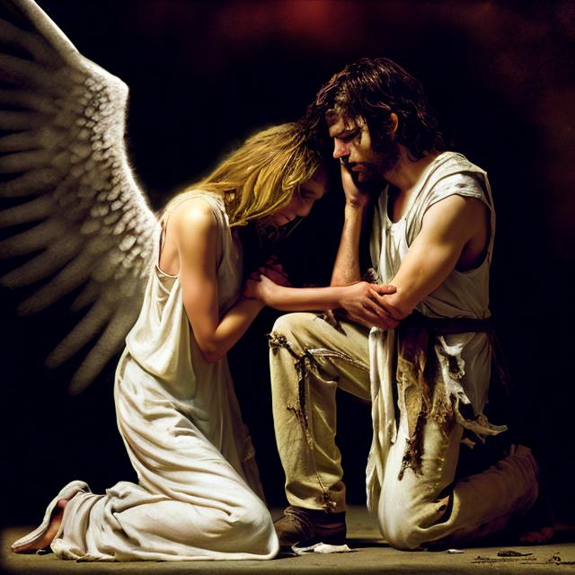 Prompt: disheveled male, in torn garments kneeling before a female angel
