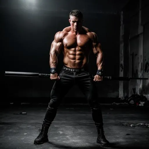 Prompt: Ripped male, flawless, warzone, dramatic, high contrast, 4k, intense lighting, muscular physique, battle scars, gritty atmosphere, dark and moody, powerful stance, military background, cinematic quality, action-packed, fierce expression
