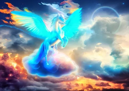 Prompt: white Pegasus, blue flames, vibrant sky, glowing clouds