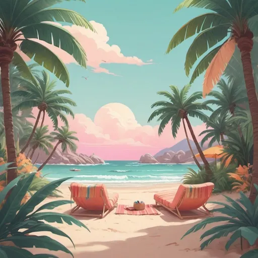 Prompt: Tropical lofi YouTube banner, vibrant and relaxed beach scene, palm trees swaying in the breeze, sandy shoreline with gentle waves, cozy seating area with bean bags and colorful blankets, pastel color palette, warm sunlight filtering through palm leaves, high quality, digital illustration, tropical vibes, beach setting, relaxed atmosphere, pastel colors, cozy seating, warm lighting. dimensions should be 2560x1440