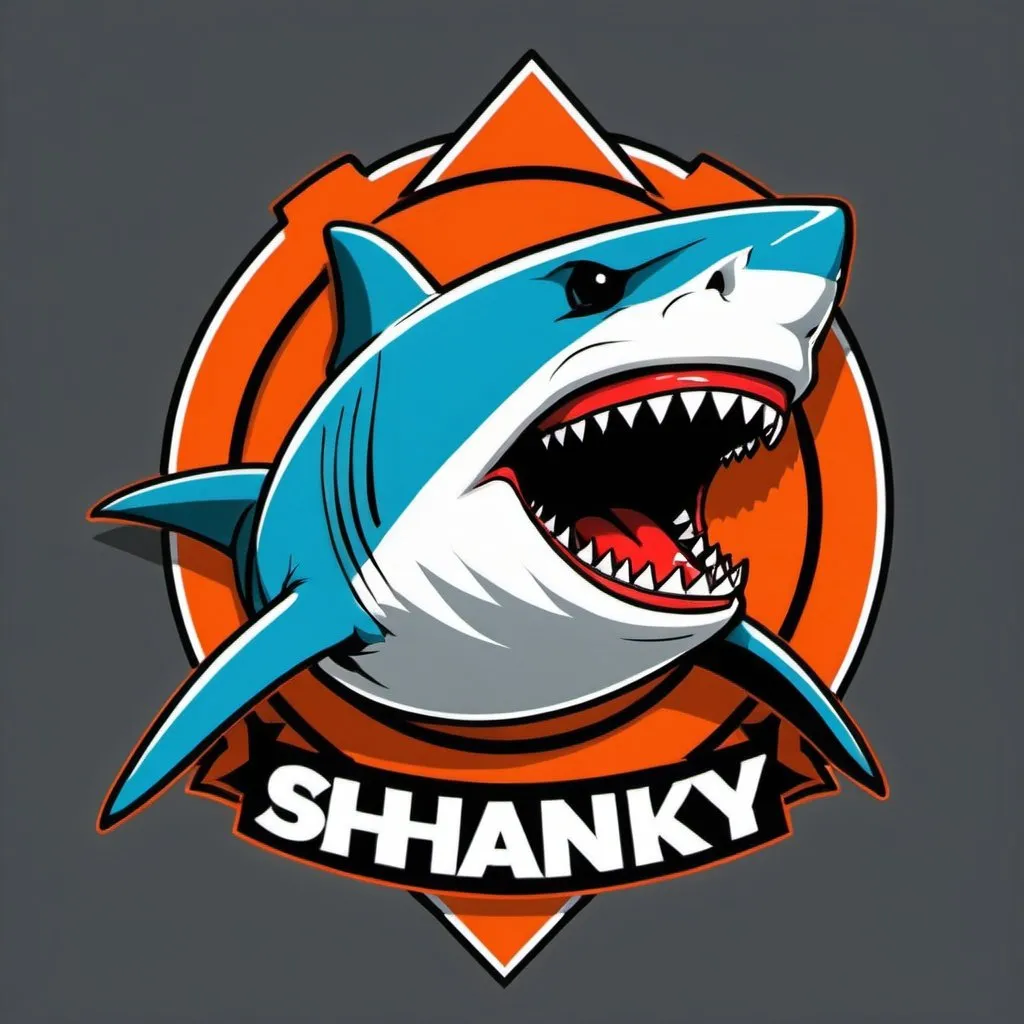 Prompt: My name is Shanky, so i want something that includes my name, and with an agressive Shark logo, my character is a shark, with some angry colors, a dangerous background , some funnt content with Counter Strike 2 in corners