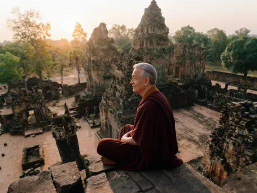 Prompt: Use the provided reference image of Creator.Tai.Place Creator.Tai in a calm, timeless environment that evokes stillness, clarity, and emotional safety.The setting should feel grounded and realEnvironment:A quiet temple courtyard or elevated natural space surrounded by nature.Stone, wood, soft greenery, open air. Maybe a trample where the avatar is meditating create different scenarios in each image but same idea maybe one in a valley by a river. Or under a tree. Or in a mountain. Or at a table in a temple around statues.Lighting:Soft natural light.Early morning or late afternoon.Gentle shadows.Neutral, warm tones.Camera:Chest-up framing.Eye-level.Slight depth of field.Feels like high-quality smartphone footage.Subtle handheld micro-movement.Motion:Natural breathing.Small posture shifts.Minimal head movement.No looping.No mechanical motion.Mood:Calm.Grounded.Quiet confidence.Feels like an old mentor speaking softly, not teaching.Clothing:MonkDark or earth-toned.No logos.Style rules:No glowing effects.No fantasy elements. spirituality.TempleThe viewer should feel safe, calm, and present — and not immediately realize this is AI-generated.