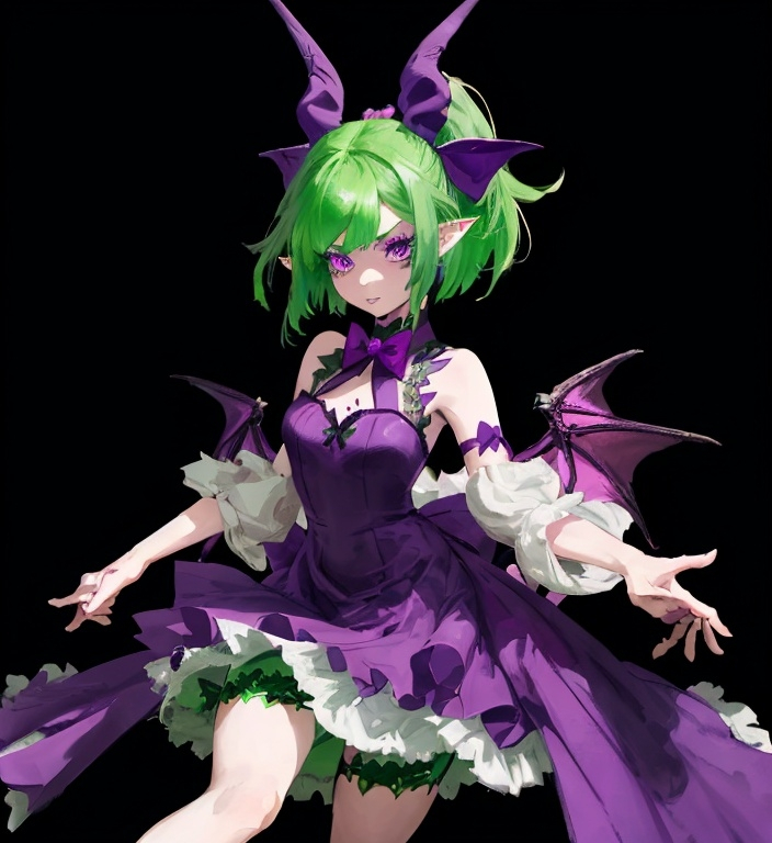 Prompt: Dragon girl with green hair, a purple dressm magenta eyes, pointy ears and a bow tied on the front of her dress