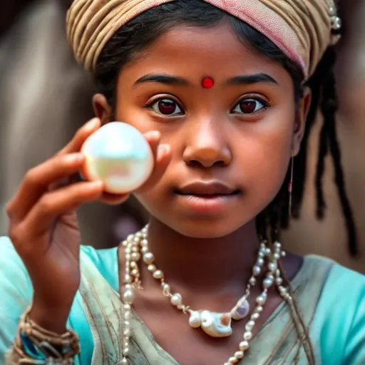 Prompt: A girl holding a shell pearl in her hand. She can see herself in it. The image shall give a true feeling of hope and courage. The girl has a high level of self love. 