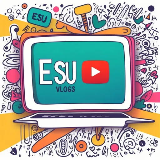 Prompt: Image with (esu vlogs) colorful doodle text with youtube icon