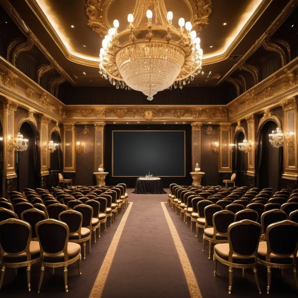 Prompt: create an image of an opulent private auction room with chairs and a stage for luxury watches and jewelry for high profile and wealthy guests, with opulent surroundings and a royal quality aesthetic, the room is palatial and rich with gold and lavish decoration with a presentation screen in the centre of the stage