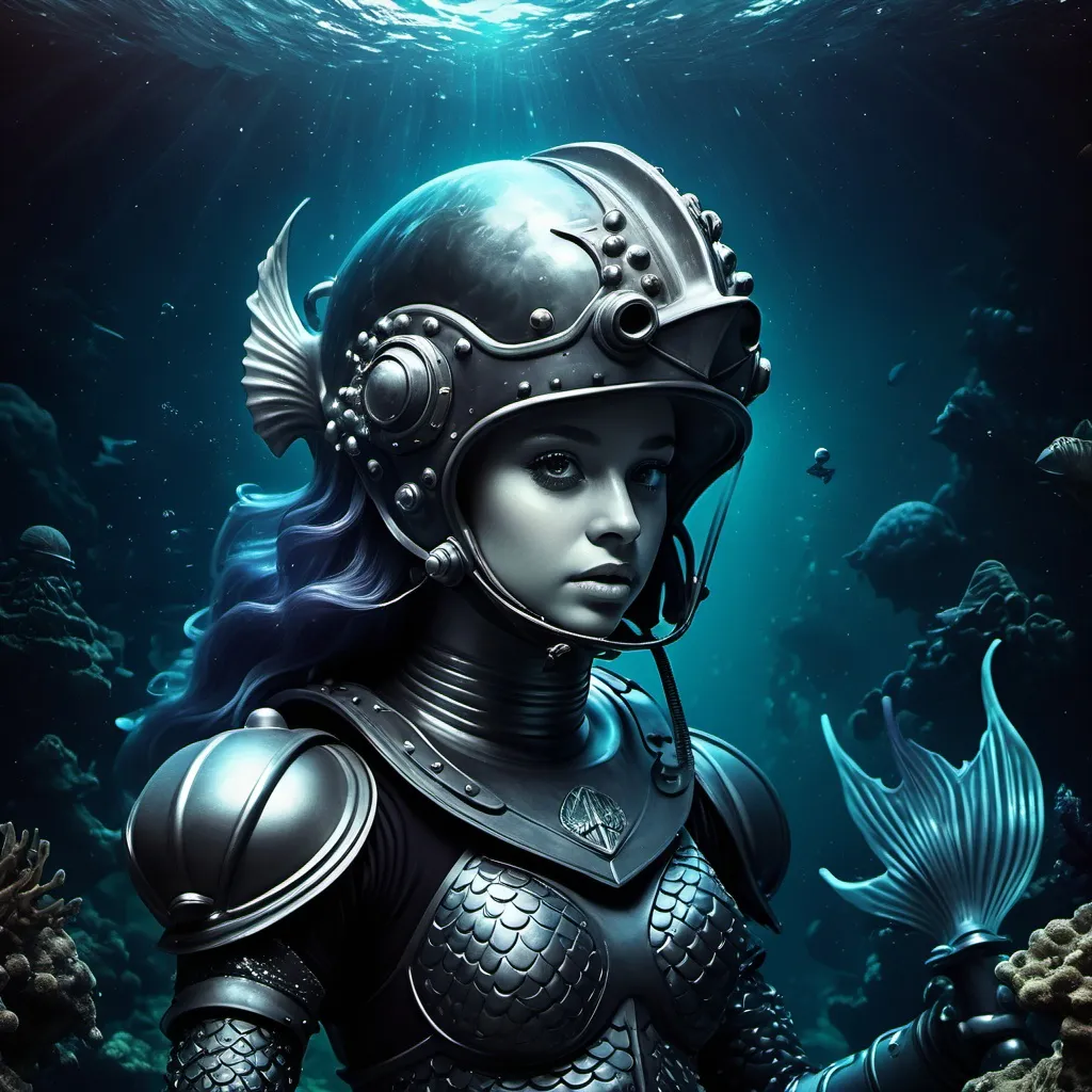 Prompt: aniime or mermaid with a knights head
helmet and armour in scuba gear underwater very dark and in space like underwater on the planet neptune