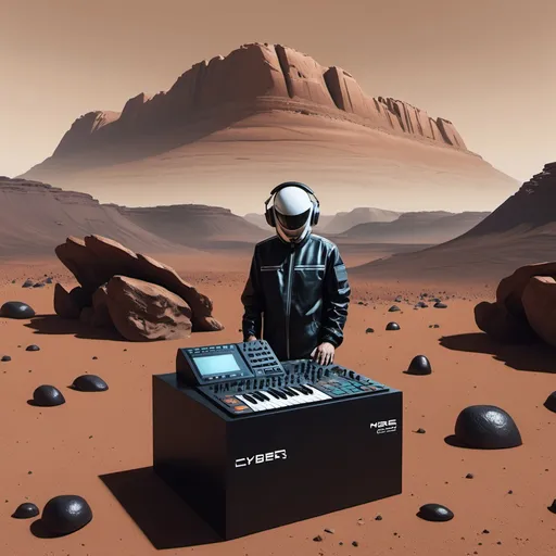 Prompt: I want a really catchy album art for my techno music which is to do with cyber issues on the surface of mars where there is a tr 505 drum machine on a rock the title is cyber issues