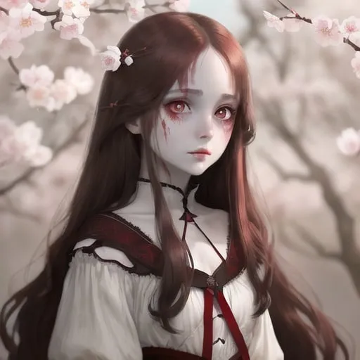 Prompt: She has a fair complexion; bright scarlet eyes with white, blossom-shaped pupils; faded red makeup painted at the corners of her eyes; and long dark brown hair fading to crimson at the tips.