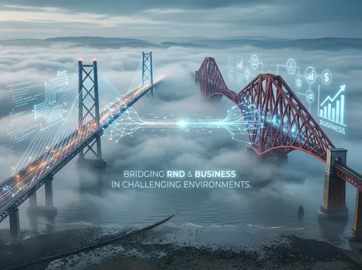 Prompt: i want to create an image for my LinkedIn profile using the image attached that we will look AI version and emphasis my abilities to create bridges between the RND and business in difficultly condition (the fogs). i want it to imply it and that it will not look obvious   