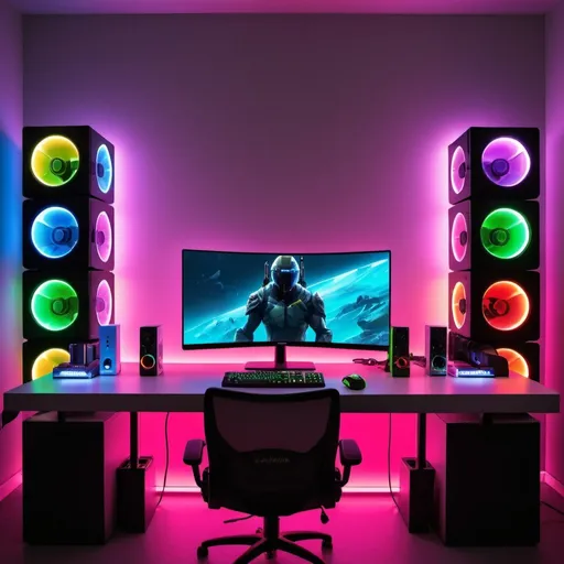 Prompt: Modern, minimalist gamer setup, foreground drink can, background LED lighting, product color highlighted, computer and monitor lights, matching color scheme, high quality, modern, minimalist, gamer setup, LED lighting, highlighted colors, foreground placement, professional lighting