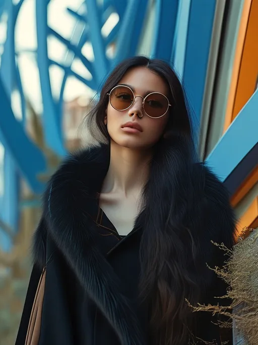 Prompt: Radiating confidence, a young woman stands against a backdrop of vivid blue structures, suggesting a modern, possibly urban environment. She wears oversized round sunglasses that complement her long, flowing black hair, cascading elegantly over her shoulders. Dressed in a dark jacket with a hint of fur trim, her expression is calm and relaxed, hinting at a serene day with soft lighting illuminating her features. The surrounding area features a mix of natural elements and industrial architecture, blending nature and man-made structures while creating a dynamic visual contrast. The scene conveys a sense of tranquility and stylish self-assuredness, inviting viewers to share in her moment.