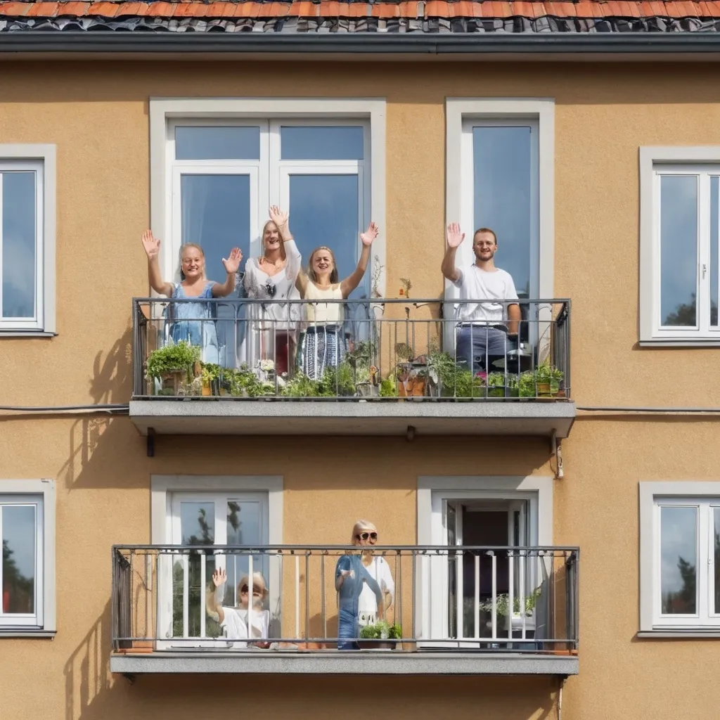 Prompt: A small swedish apartment house. Happy residents waving from their balcony. 

High quality, summer, zoomed out picture.