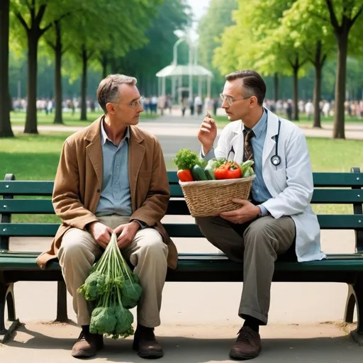 Prompt: A casual man and a scientist confiding in each other on a bench in the park. The  casual man has a shopping net with vegetables besides him and is dressed normal.The scientist listens carefully and wears a lab cout.The scene is similar to scenes from forrest gump movie.