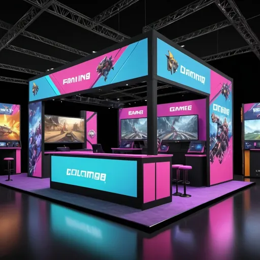 Prompt: (game event booth design), spacious 6x3 meters layout, (two minigame zones), one side featuring a (shooting game) area, the other side with a (solo game) setup, vibrant and engaging atmosphere, vivid colors with high-energy lighting, ultra-detailed graphics, inviting decor, attendees interacting and participating, immersive gaming experience backdrop, (4K) visual quality, dynamic composition emphasizing excitement and fun.