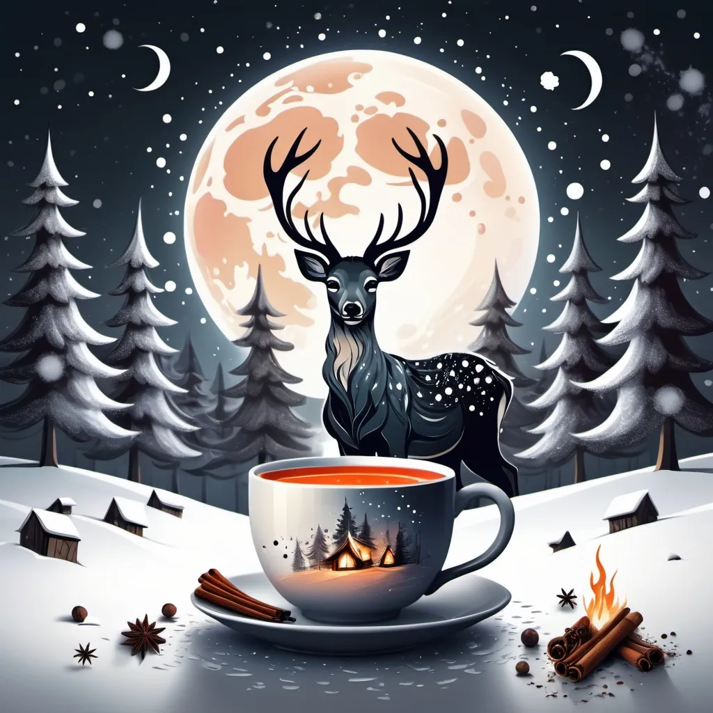 Prompt: a deer standing in the snow in front of a full moon in the shape of a cup of tea and christmas trees, spices falling as snowflakes, campfire, abstract art, fantasy artwork,