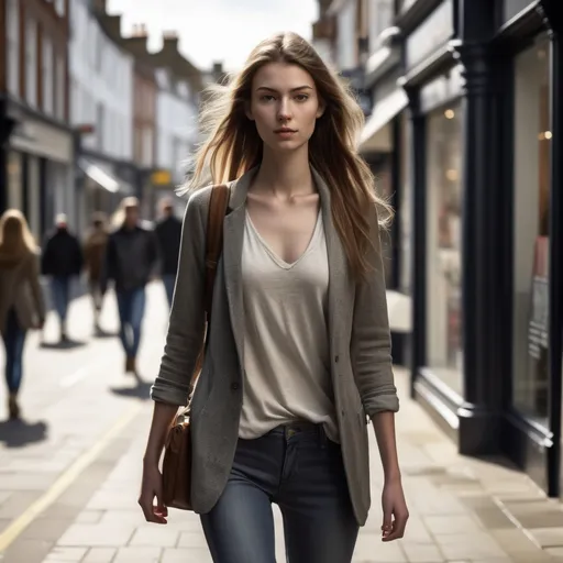 Prompt: Tall young woman walking down the high street, detailed clothing, realistic, natural lighting