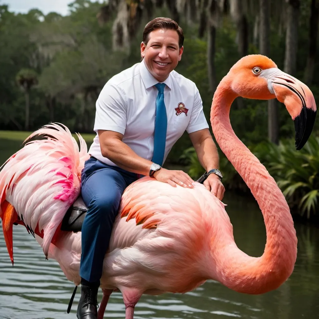 Prompt: Ron DeSantis holding a Florida State flag and riding a flamingo