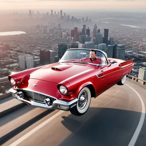 Prompt: Elon Musk in a flying red ford 1957 thunderbird flying over a city