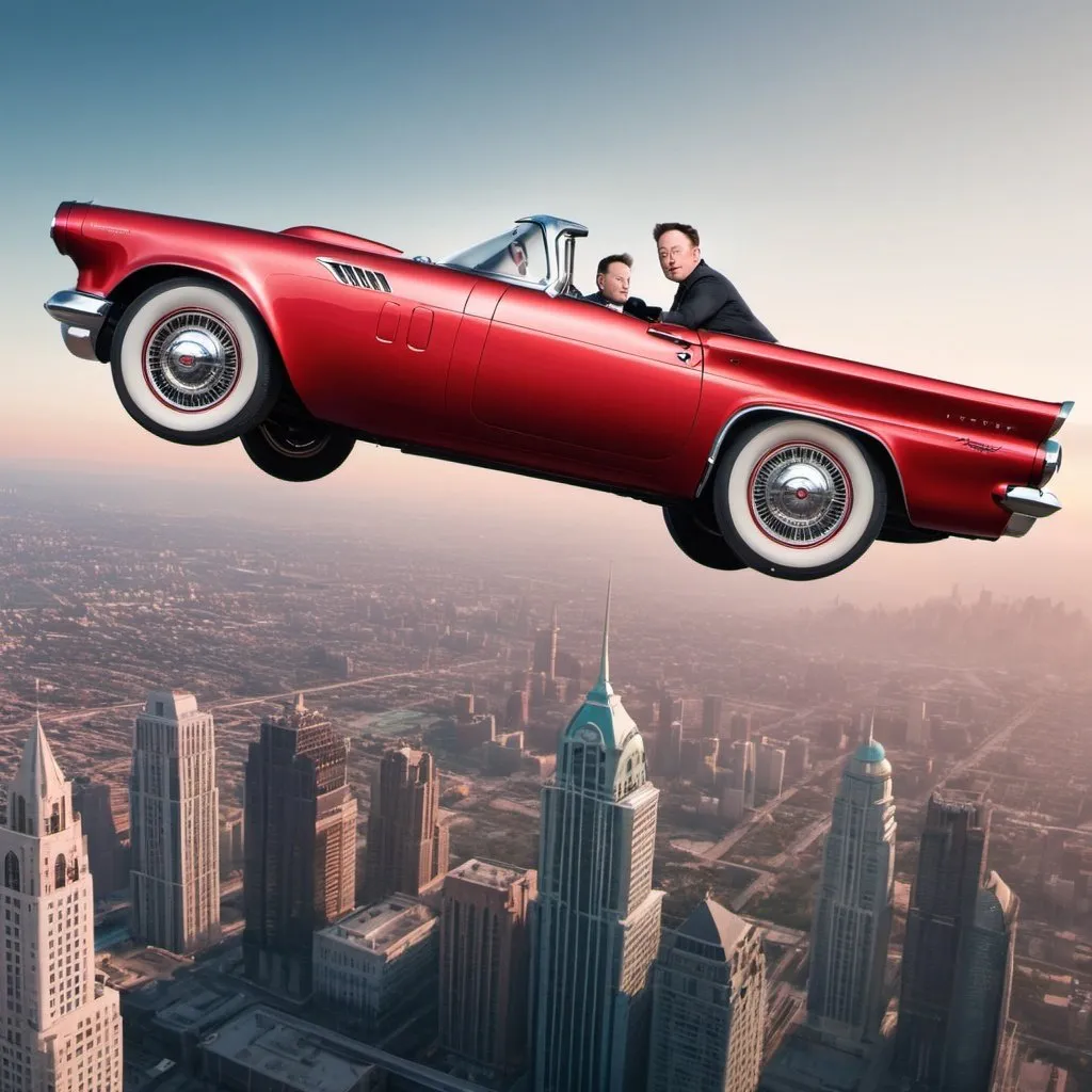 Prompt: Elon Musk in a flying red ford 1957 thunderbird flying over a city