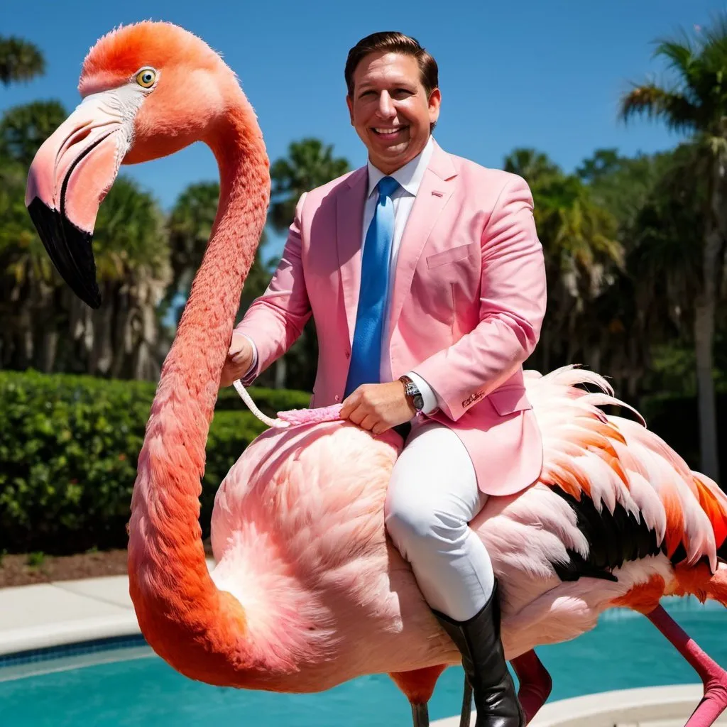 Prompt: Ron DeSantis holding a Florida State flag and riding a flamingo