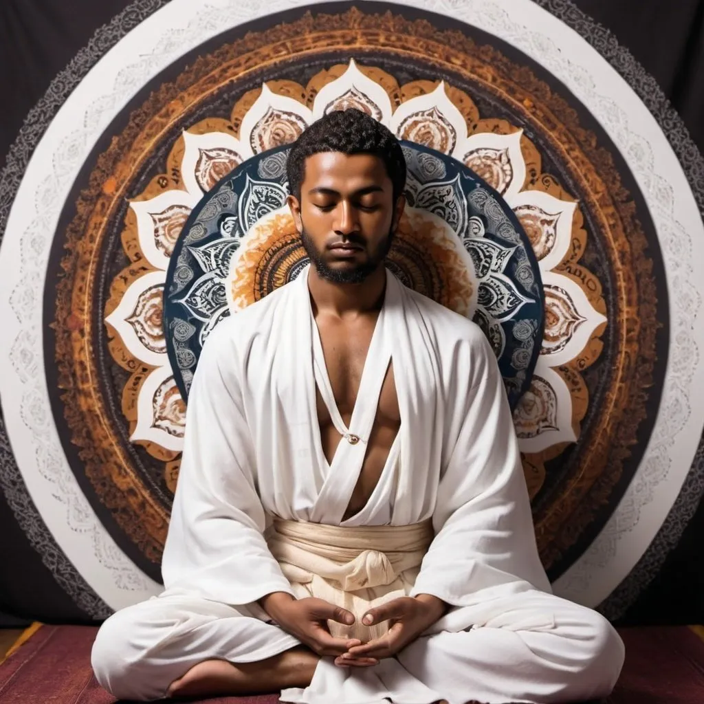 Prompt: Buddha blessings Jesus as a middle Eastern man with dark skin,eyes closed, afro hair while he is meditating meditating with white robe with a background as an Indian mandala 

