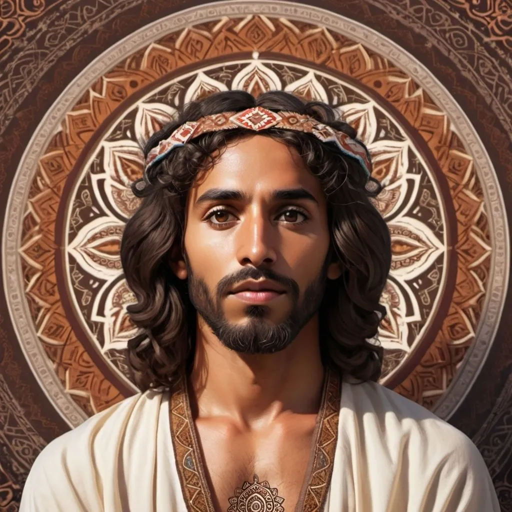 Prompt: Graphic Jesus as a middle Eastern man with dark skin, brown eyes, afro hair meditating with a background as an Indian mandala 
