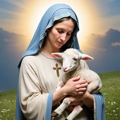 Prompt: Mother Mary holding a little lamb 