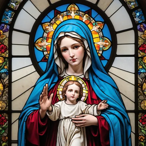 Prompt: Mother Mary in colorful stained glass